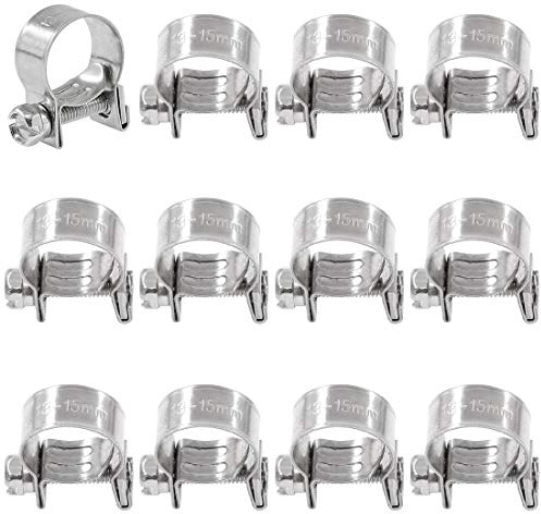 Swpeet - Juego de 12 abrazaderas de manguera de estilo de línea de inyección de combustible mini de acero inoxidable 304 de 13 mm - 15 mm, perfecto para automoción, agricultura, planta y construcción