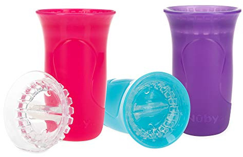 Nuby 3 pièces anti-déversement Smart Edge 360 tasses avec bord en silicone Touch Flo facile à nettoyer, 300 ml, fille (la couleur peut varier)