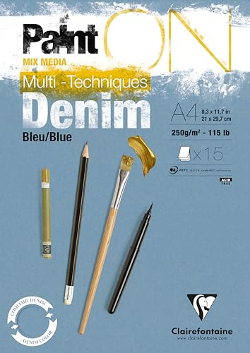 Clairefontaine 975701C - Malblock PaintOn, verleimt, 15 Blatt Zeichenpapier, DIN A4, 21x29,7 cm 250g, denimblau, 1 Stück