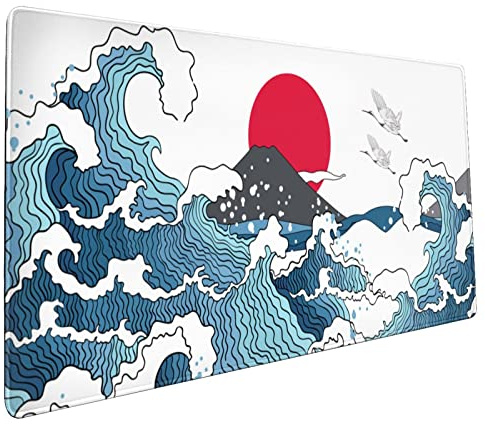 Japanese White and Blue Wave Mouse Pad 35.4 X 15.7 Inch Crane Hill Red Sun Extended Large Cool Mouse Mat Non-Slip Rubber Base Mousepad with Stitched Edges Waterproof Desk Pad for Gaming&Home Office,XL
