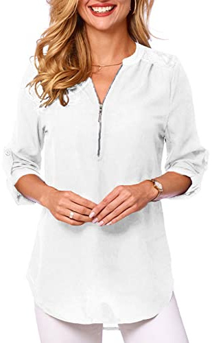 Tuopuda Damblus, V-ringade skjortor, eleganta 3/4 ärmar, lediga arbetstoppar med dragkedja, lång skjorta, långärmad tunika, toppar, lös enfärgad t-shirt, sommar med spets, Vit, M