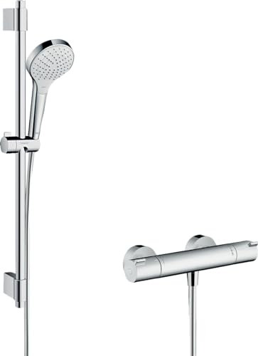 hansgrohe Croma Select S - Brausesystem Aufputz, Duschset mit Duschkopf (3 Strahlarten), Brausethermostat Ecostat 1001 CL, Duschschlauch 160 cm und Duschstange 72 cm, Weiß/Chrom