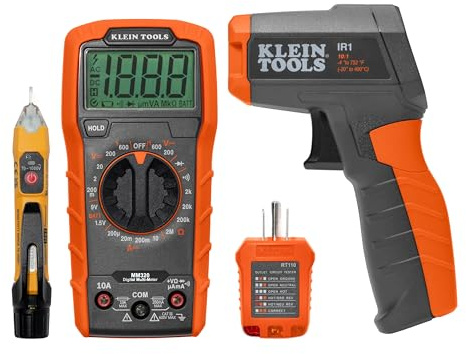 Klein Tools 80067 Electrical Test Kit with IR Digital Thermometer, Multimeter, Non-Contact Voltage Tester Pen and Receptacle Tester, 4-Piece