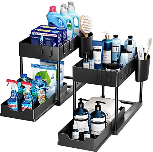 Puricon 2 Set Unter Waschbecken Regal Spülschrank Organizer, 2 Etagen Standregal Küche Arbeitsplatte Regal Organizer, Mehrfunktional Küchenregal Gewürzregal Unterschrankregal Spülschrankregal -Schwarz
