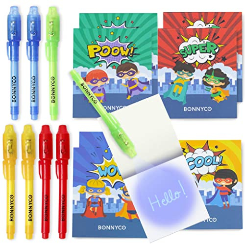BONNYCO UV Stift und Notizbuch, 8 Stück Superhelden Mitgebsel Kindergeburtstag. Kindergeburtstag Gastgeschenke, Kleine Geschenke für Kinder. Adventskalender Superhelden Geburtstagsdeko