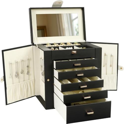KAMIER Grande boîte à bijoux à 6 niveaux pour femme - Organiseur élégant noir avec miroir et 5 tiroirs pour bagues, boucles d'oreilles, colliers