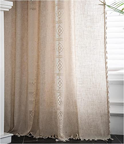 SAYT RLAE Makramee Vorhang Beige Vintage Lanhaus Boho Style Vorhänge Leinen mit Quasten und Häkeln Stricken Vertikale Streifen für Wohnzimmer Kinderzimmer Schlafzimmer, 1 Stück, B150xH220cm