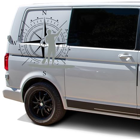 Autoaufkleber Kompass Sport Stand Up Paddle 60x60cm Windrose Sticker Folie für Auto Wohnwagen Anhänger Aufkleber Selbstklebend Kfz Zubehör KX072 KX073 (Kompass schwarz, Stand Up Paddle Grau)