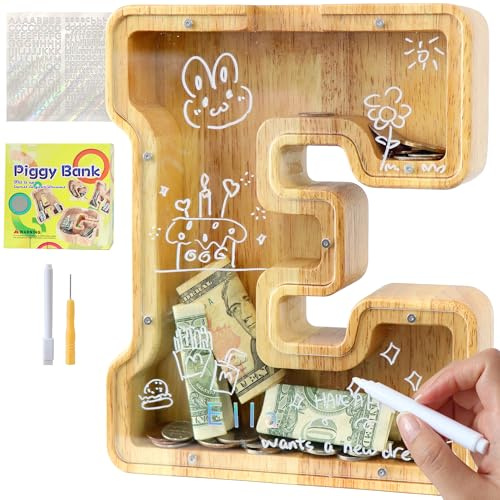 Lakpopya Spardose Kinder Jungen, Personalisiert Holz A-Z Sparschwein | Durchsichtig Buchstabe A-Z Sparbüchse für Kinder Mädchen Erwachsene mit Aufklebern und Filzstift, Taufe Geschenk Dekoration