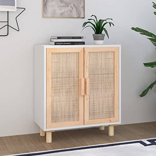 Homgoday Sideboard Holz Weiß 60x30x70 cm - Stauraum mit Natur-Rattan & Kiefernbeinen für Wohnzimmer Model345630