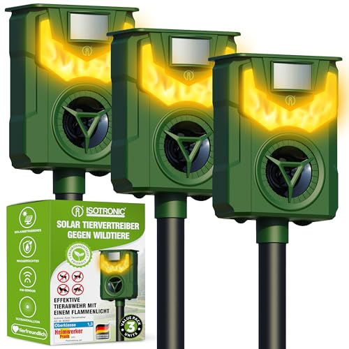 ISOTRONIC Solar Tiervertreiber zur Abwehr von Waschbären, Rehen, Füchsen & Wildschweinen – Wildtier Vertreiber mit Frequenz + Flammenlicht – effektive Tierabwehr (3 Stück)