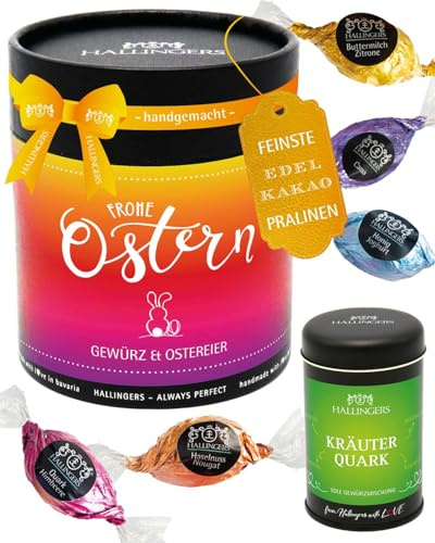 Hallingers Genuss Manufaktur Feinkost Oster-Geschenk-Set - XXL-Geschenkkorb Frohe Ostern co... großes Osternest mit 17 Pralinen-Ostereiern & Gewürz-Kräuterquark, Ostern Körbchen für Frauen Männer