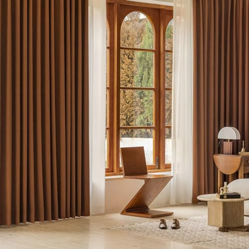 Ayoiow Blickdichter Vorhang Wohnzimmer, Thermogardinen Mit Ösen, Chenille Vorhang Gardine 2Er Set, Braun, 107X183CM
