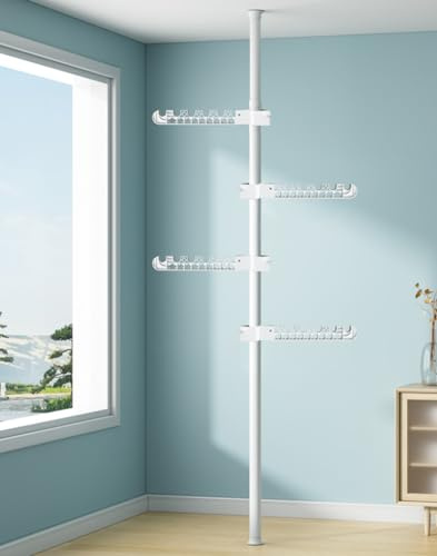JONASHER Wäscheständer mit 4 Ebenen, Verstellbarer Kleiderständer, vom Boden bis zur Decke, Wäschestange, Spannstange, Aufbewahrungs-Organizer zum Aufhängen von Kleidung, Schals, Hüten, Taschen
