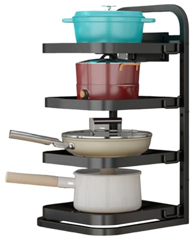 Gcroet Pan Rack 4 Layer Carbon Steel Heavy Duty Adjustable Coated Black Pan Stand Pots and Pans Organiser for Kitchen Countertop Floor Cupboard