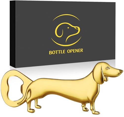 LKKCHER Décapsuleur de bière teckel, cadeau de bière pour homme et femme, cadeau d'anniversaire et de Noël pour les amoureux des chiens, doré avec coffret cadeau et carte de vœux