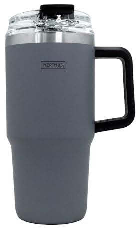 NERTHUS FIH 1437 tazza termica 600 ml antracite con coperchio cannuccia ideale per lavoro auto viaggi