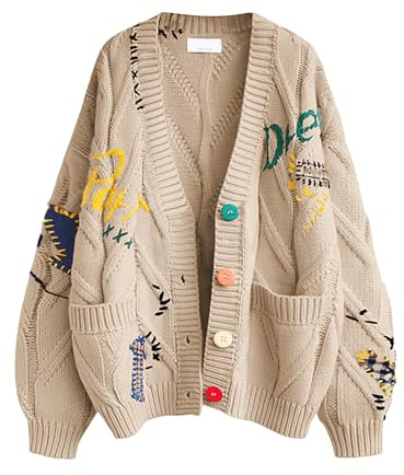 Women's Cable Knit Long Sleeve Open Front Cardigan Sheep V-Neck Button Down Embroidery Wool Blend Sweater Coat Outwear (M, Khaki)