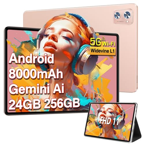 SUAAT Tablets Android 24GB RAM+256GB ROM(2TB TF),tablets 11 Pollici,Octa-Core,2.0Ghz, WiFi5G+2.4G, GPS,8000 mAh, 5MP + 13MP,Bluetooth5.0,Widevine L1,Cast, Tablet PC con Custodia,Oro