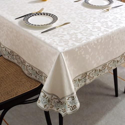 Tischdecke Landhausstil Vintage, Beige Weiß Tischdecke mit Blumenmuster für Küche und Esszimmer, mit gestickten Blumenrändern | 80x120cm