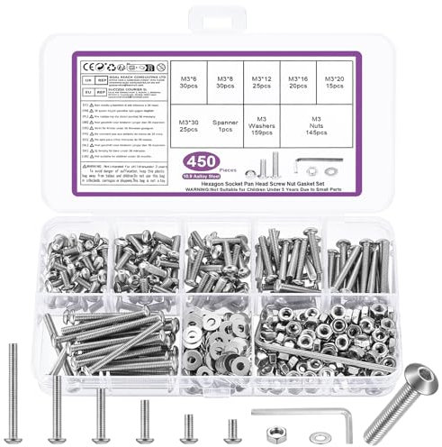 450 Pcs M3 Bolts and Nuts Set, M3 Nuts and Bolts Set, Round Head Hexagon Socket Screws and Washers, Silvery Hex Socket Button Head Cap Machine Screws Kit