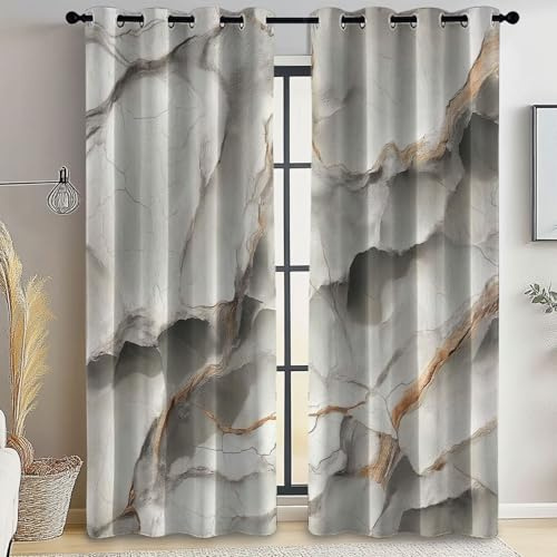 Verdunkelungsvorhänge mit Ösen H183 x B117 cm (2er Set), Abstrakte Marmorfalten, Wärmeisolierende Gardinen für Schlafzimmer und Wohnzimmer, Hellgrau