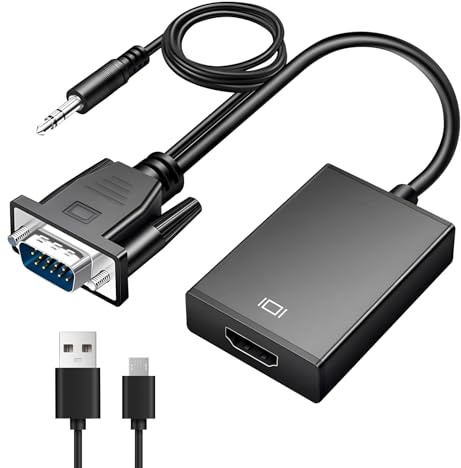 ltteea Adaptateur VGA vers HDMI avec audio, convertisseur VGA mâle 1080p vers HDMI femelle, prise en charge Full HD, Plug & Play, comprend un câble audio USB et 3,5 mm pour PC, ordinateur portable,