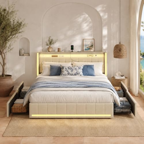 DAHUEN Polsterbett 140x200 mit Stauraum, Doppelbett mit LED Beleuchtung und Ladestation, Stauraumbett mit 4 Schubladen und Lattenrost, Bettgestell mit Lattenrost, Leinenstoff (Beige-B, 140 x 200 cm)