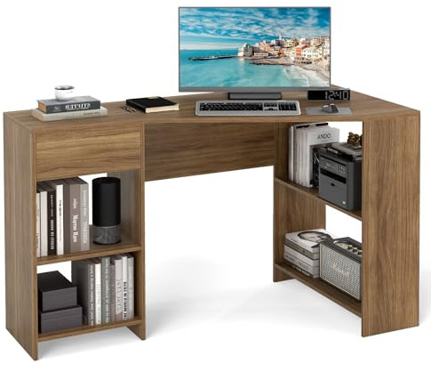 COSTWAY L-Shaped Computer Desk, 120cm Corner Study Workstation (Natural) | Wooden Writing Desk with Open Shelves & Drawer, Modern PC Laptop Table Working Desk for Home Office Bedroom