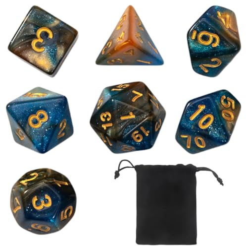 WeddHuis 7 Stück DND Dice Polyedrisches Würfel Set für Dungeon und Dragons MTG RPG D&D (D20, D12, D10, D%, D8, D6, D4) (blau + gold)