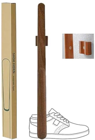 Wooden Long Shoe-Horn with Magnetic Holder 55cm Long Handled Wood Brown