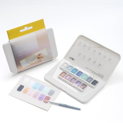 HIMI Metallic-Aquarellfarben-Set 12 Farben, Reise-Aquarellfarben mit Pinseln, Bastel-Malutensilien, schimmerndes Metallic-Farbset, Malgeschenke für Jugendliche und Erwachsene (Silber)