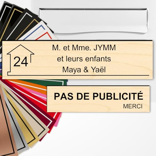 Plaque Boîte aux Lettres et Stop Pub Personnalisée Bois clair/Noir | Lot de 2 Plaques boîte aux lettres et Pas de Publicité , Gravure Laser, 22 Couleurs, Avec ou Sans Motif, Adhésif 3M