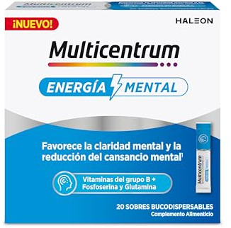 Multicentrum Energía Mental - Complemento Alimenticio con Vitaminas B, Fosfoserina y Glutamina | 20 Sobres Bucodispersables | Sin Gluten, Apto Veganos, Sabor Maracuyá