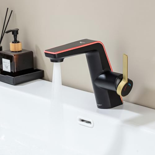 Wasserhahn Bad Waschtischarmatur Schwarz mit LED-Temperaturanzeige | Messing Einhebelmischer Badarmatur Waschbecken LakeBayMZC Mischbatterie Armatur für Badezimmer mit Auslauf, Höhe 130mm