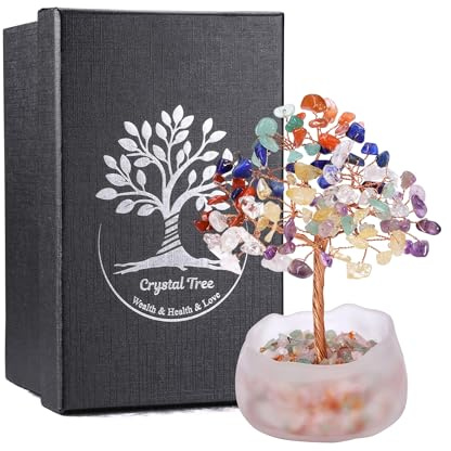 JSDDE 7 Chakra Lebensbaum Deko Feng Shui Baum mit Mattscheiben-Sockel Natürliche Edelsteine Baum Geldbaum Kristallbaum Glücksbringer Spirituelle Feng Shui Deko für Büro Zimmer Wohnung
