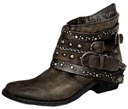 Dam västerländska stövlar korta, cowboystövlar damer blockklack vinterstövlar cowboy ankelstövlar med nitar gotiska stövlar läderstövlar höst fritid Chelsea stövlar slip-kängor vintage ankelstövlar