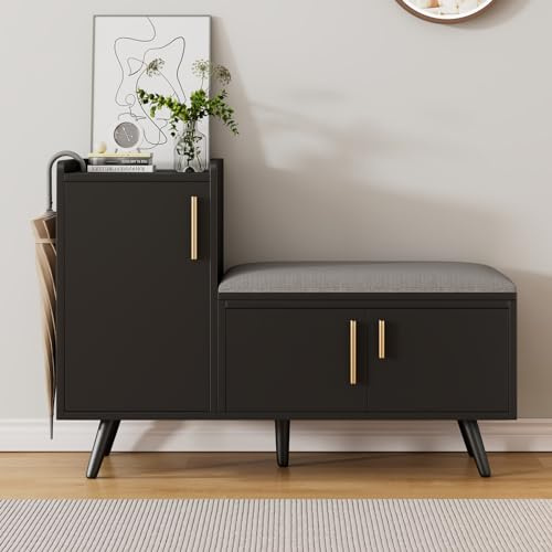 KEFSR Modern skobänk med tre dörrar, asymmetriska metallhandtag, flera nivåer för förvaring, mått 100 x 34 x 69 cm (3-dörrars skobänk, svart)