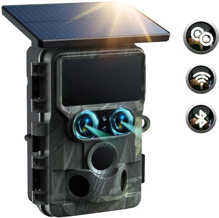 Solar Wildkamera WLAN Duales Objektiv, 4K 60MP Wildtierkamera mit Handyübertragung, Wildkamera mit Bewegungsmelder Nachtsicht Sternenlicht 0,1S Auslösezeit IP66 Wasserdicht für die Wildtierüberwachung