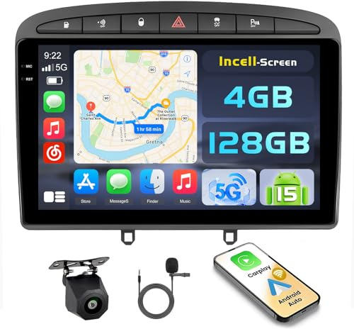 Hikity 4G+128G Android 15 Radio Coche Peugeot 308 2007-2015 9 CarPlay | También para Peugeot 408. Android Auto Inalámbrico. BT. GPS. WiFi. FM/RDS. Cámara+MIC. Incell Touchscreen