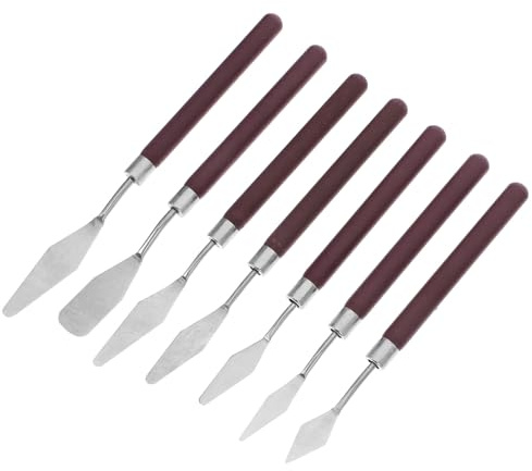 DOITOOL Juego de 7 Espátulas para Pintar de Acero Inoxidable con Mango de Madera Roja, Cuchillos Puntiagudos para Pintura al Óleo y Acuarela, Herramienta Artística Versátil para