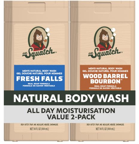 Dr. Squatch Natürliches Duschgel für Männer – reinigend, pflegend, mit langanhaltendem Duft – feuchtigkeitsspendendes Duschgel für Herren – Fresh Falls & Wood Barrel Bourbon (414 ml, 2er-Pack)