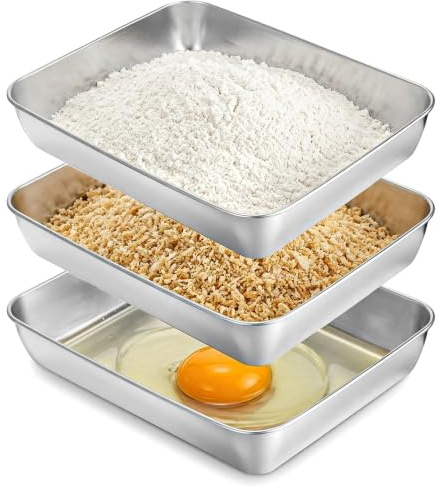 VINATO 3 Piezas de Bandejas Acero Inoxidable,Inoxidable Cuencos para Empanizar,Juego de Bandejas para Empanar para Cocina para Colocar Carnes, Croquetas,30x25x6cm