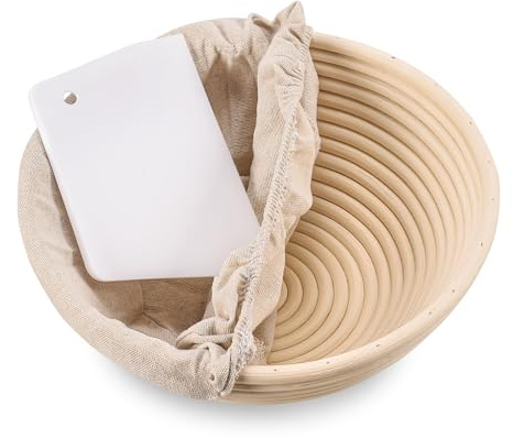 Apasiri Cesto de Fermentación Redondo 28cm para Masa Madre, Banneton de Ratán Indonesio Tejido a Mano con Forro de Lino y Rasqueta para Masa, Canasta Profesional para Pan Sourdough