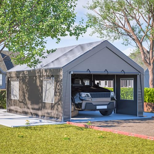 Zeltgarage 6x4x3 m – Carport Autozelt mit wasserdichter Plane, UV-Schutz, Fenstern & Türen, Allwetter Unterstand Grau (Grey, 4x6 m)
