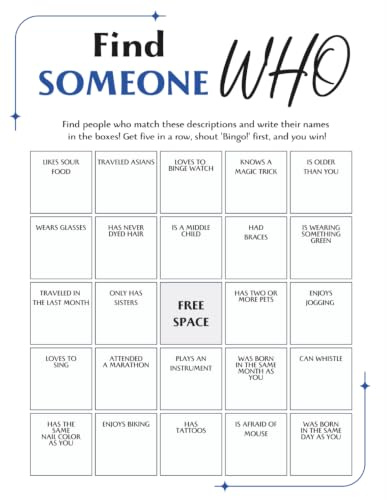 Find someone who Bingo: 40 Player Team Building and Networking Themed Party Games for Break the ice activity, New Hire Orientations, and Classroom Mixers