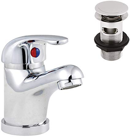 nuie DTY345 Eon Modern Bathroom Round Single Lever Mono Basin Mixer Tap with Push Button Waste, 94 x 40 x 123mm , Chrome