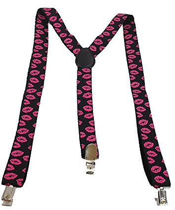 Miobo långa hängslen för barn, Y-form, 3 klämmor, elastiska, smala, Rosa läppar, one size