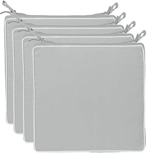 Brandsseller Set de 4 Cojines de asiento 40x40x4 cm – Cojine para silla repelente al Agua y las Manchas con Cintas de Sujeción y Ribete – interior y exterior – Cocina,Terraza, Jardín – Gris Claro