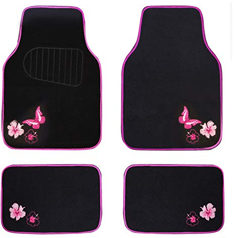 CAR PASS Embroidery Butterfly and Flower Car Floor Mats, Pink Car Floor Mats Universal Fit 95% Automotive,SUVS,Sedan,Vans,for Cute Women,Girly,Set of 4 (Black with Pink)